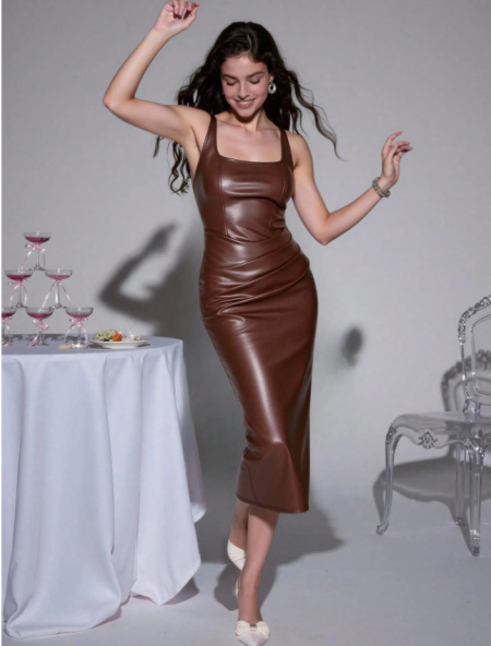 فستان بني من جلد البولي يوريثان للنساء، فستان كوكتيل لعيد الميلاد